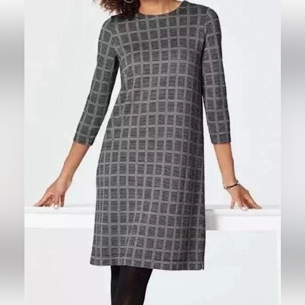 J. Jill Charcoal Plaid Long Sleeve Dress